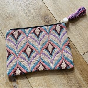New Anthropologie Embroidered Boho Tribal Clutch Bag with Tassel